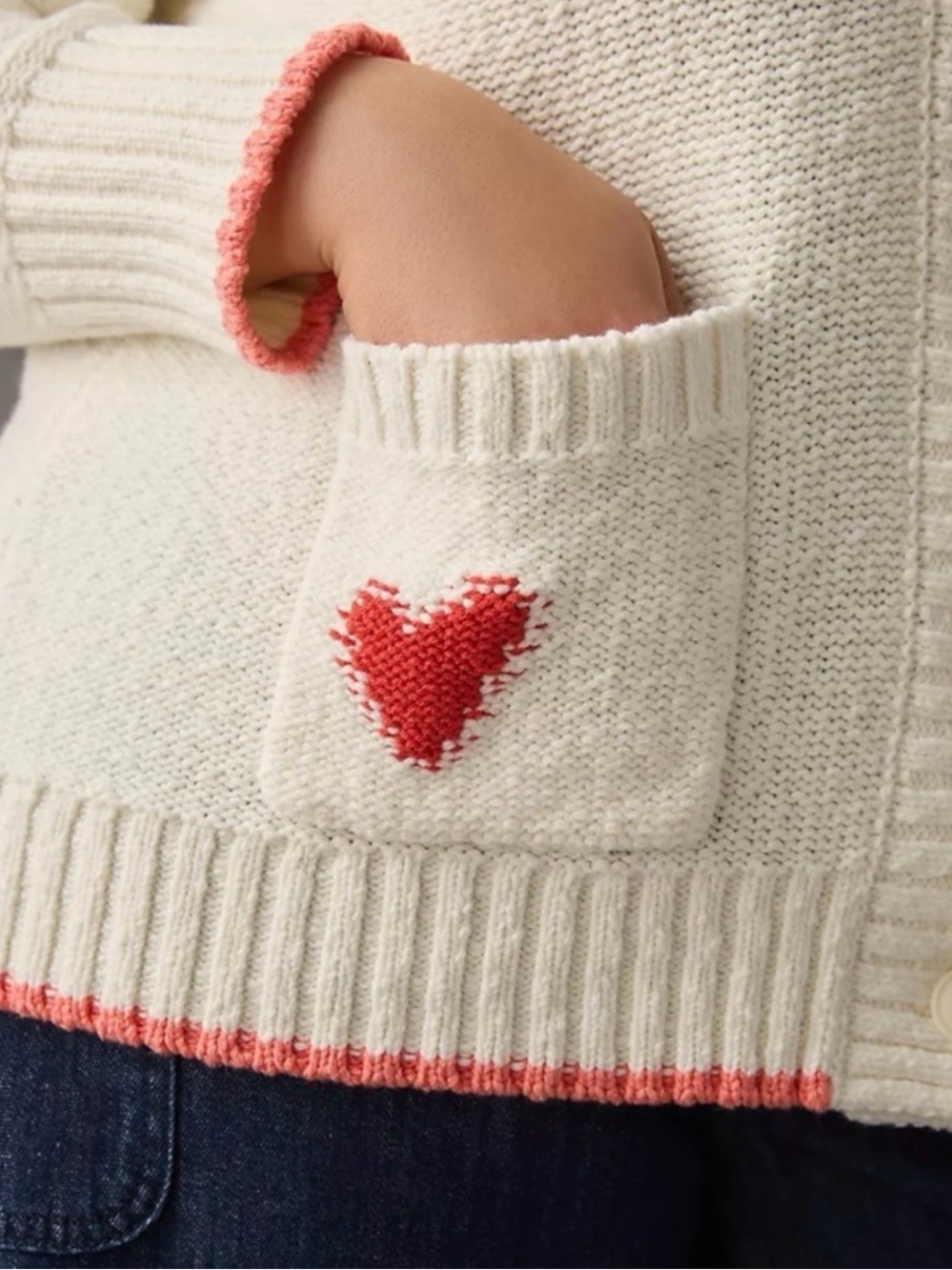 Anthropologie Maeve Heart Cardigan Sweater, Cream / Pink / Red, XSP - Picture 2 of 9